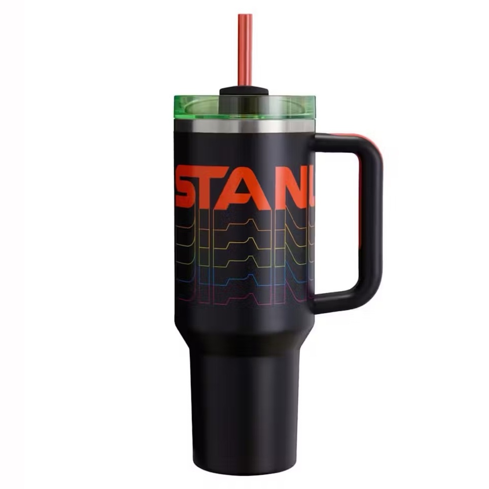 Stanley Black 40oz Tumbler with Green Lid and Red Straw